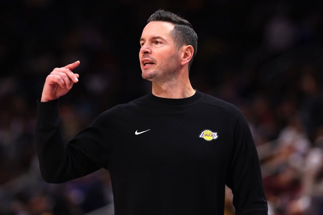 Head coach JJ Redick of the Los Angeles Lakers looks on during the first quarter against the Detroit Pistons at Little Caesars Arena on November 04, 2024 in Detroit, Michigan.