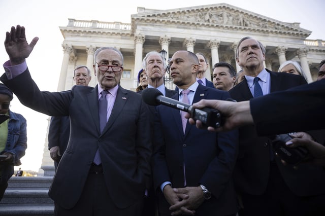 Senate Minority Leader Chuck Schumer (D-N.Y.) and House Minority Leader Hakeem Jeffries (D-N.Y.) speak alongside other congressional Democrats outside the U.S. Capitol on April 1, 2025.