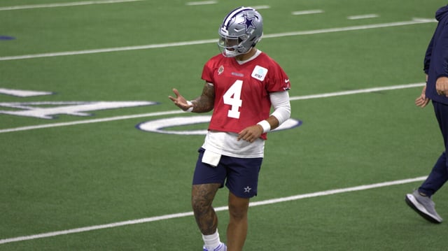 Dallas Cowboys quarterback Dak Prescott (4) continues to be a full participant in the team's offseason workload after missing half of the 2024 season with a torn hamstring.