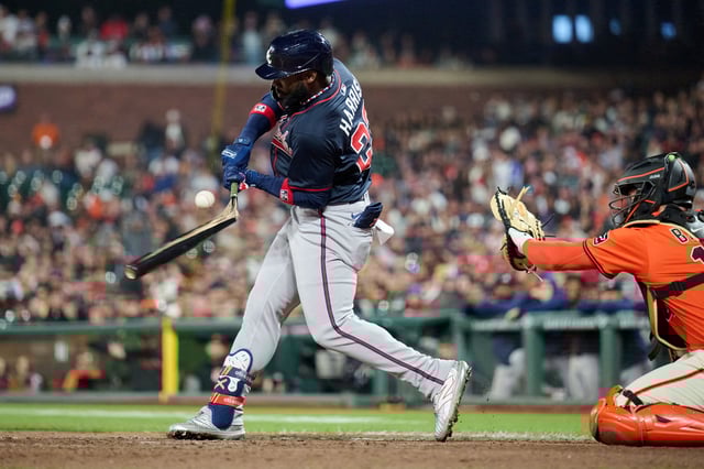 Jun 6, 2025; San Francisco, California, USA; Atlanta Braves center fielder Michael Harris II (23) breaks his bat against San Francisco Giants catcher Patrick Bailey (14) during the tenth inning at Oracle Park. Mandatory Credit: Robert Edwards-Imagn Images/File Photo