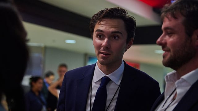 David Hogg at the Democratic National Convention in Chicago, Ill., on Aug. 22, 2024. Photo: DOMINIC GWINN/Middle East Images/AFP via Getty Images