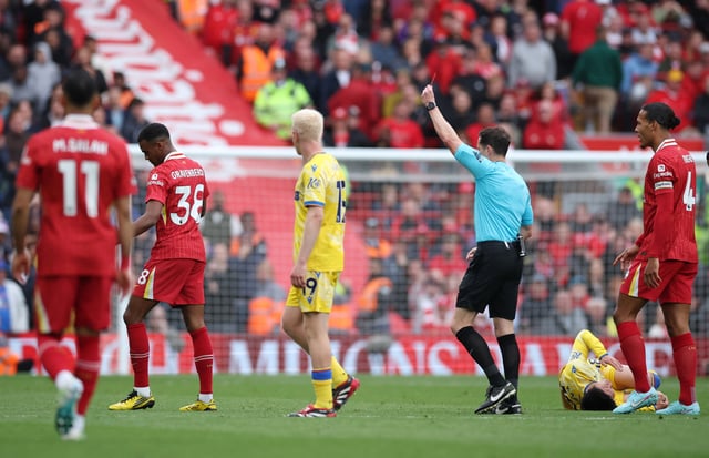 Soccer Football - Premier League - Liverpool v Crystal Palace - Anfield, Liverpool, Britain - May 25, 2025 Liverpool's Ryan Gravenberch is shown a red card by referee Darren England REUTERS/Phil Noble/File Photo