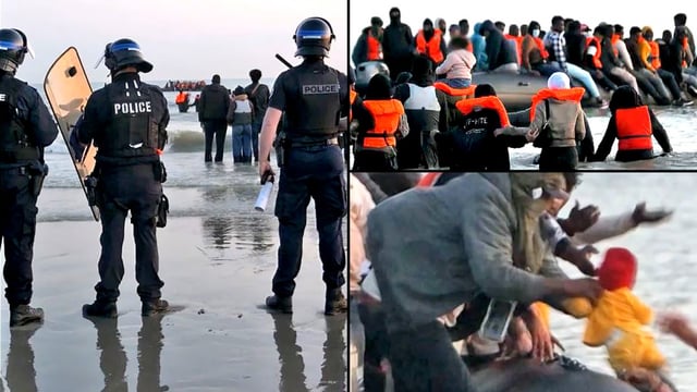 French police on the beach in Gravelines watch as migrants, including children, wade out to board a dinghy