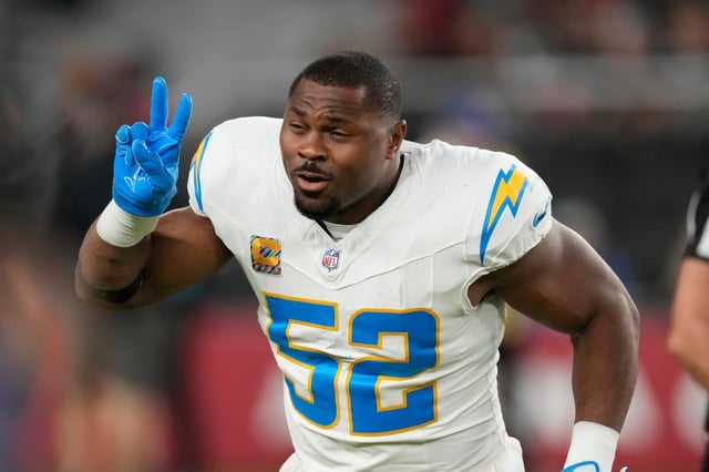 Chargers linebacker Khalil Mack, seen gesturing during a game against the Arizona Cardinals last season in Glendale Ariz., is back for a fourth season with the team in 2025. (AP Photo/Matt York)