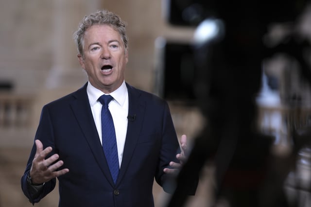 As Senate Republicans work to advance President Donald Trump&#39;s spending and tax bill, Sen. Rand Paul, R-Ky., who is opposed to the reconciliation package because of the debt-limit increase, does a TV news interview at the Capitol in Washington, Tuesday, June 3, 2025.
