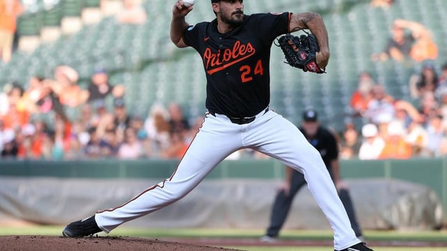 Jun 11, 2025; Baltimore, Maryland, USA; Baltimore Orioles pitcher Zach Eflin (24) throws a pitch during the first inning against the Detroit Tigers at Oriole Park at Camden Yards. Mandatory Credit: Daniel Kucin Jr.-Imagn Images
