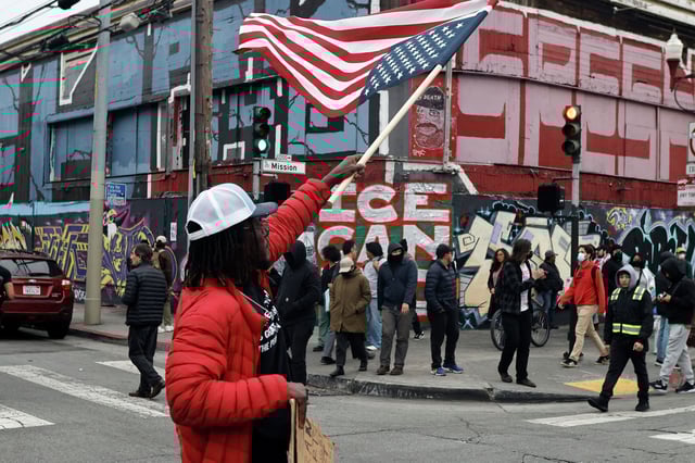 Demonstrators protest against President Trump’s immigration policies and ICE in San Francisco, on Monday, June 9, 2025. On Saturday, thousands plan to join No Kings protests in San Francisco and Oakland to counter Trump’s military parade on the same day in Washington D.C.