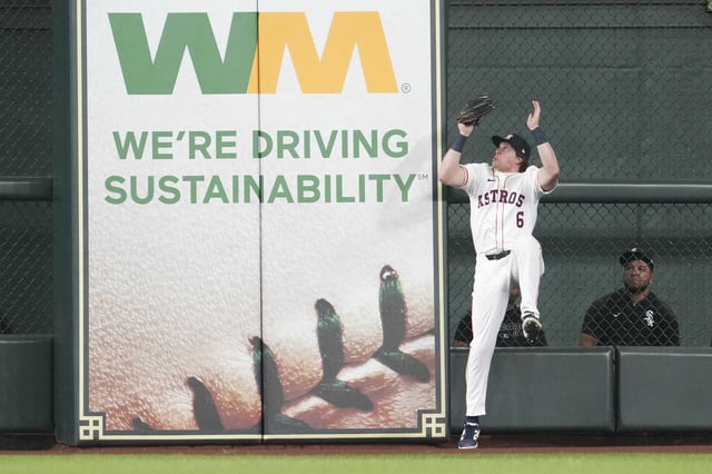 Houston Astros center fielder Jake Meyers (6) catches a fly ball by Chicago White Sox Mike Tauchman in the third inning of an MLB baseball game in Houston, Wednesday, June 11, 2025.
