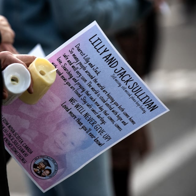 More than 50 people gathered outside the Stellarton RCMP station on June 2 for a candlelight vigil in support of Jack and Lilly Sullivan. The siblings have been missing since May 2.