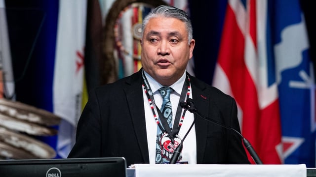 Terry Teegee, the regional chief of the B.C. Assembly of First Nations, speaks during the Assembly of First Nations' Special Chiefs Assembly in Ottawa last December. Teegee and other chiefs are speaking out against federal legislation meant to speed up infrastructure projects.