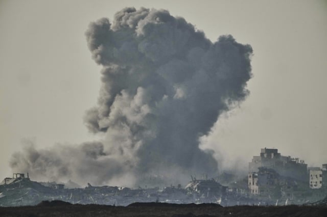 Smoke rises to the sky following an Israeli strike in the Gaza Strip as seen from southern Israel, Wednesday, June 11, 2025. (AP Photo/Ariel Schalit)