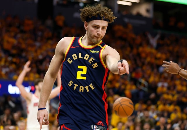 Golden State Warriors’ Brandin Podziemski (2) celebrates a basket and a foul against the Houston Rockets in the fourth quarter of Game 4 of the Western Conference First Round NBA Playoffs game at the Chase Center in San Francisco, Calif., on Monday, April 28, 2025. (Nhat V. Meyer/Bay Area News Group)