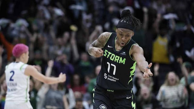 Seattle Storm guard Erica Wheeler (17) reacts after scoring against the Minnesota Lynx during the second half.