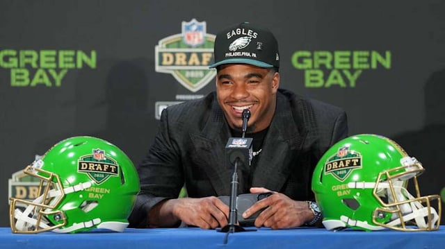 Apr 24, 2025; Green Bay, WI, USA; Jihaad Campbell speaks in a press conference after being selected by the Philadelphia Eagles as the number 31 pick in the first round of the 2025 NFL Draft at Lambeau Field. Mandatory Credit: Kirby Lee-Imagn Images