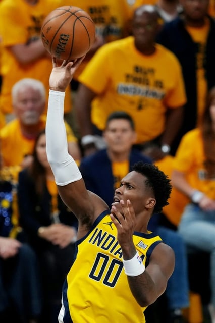 Bennedict Mathurin, l'ailier canadien des Indiana Pacers pendant le troisième match des Finales NBA 2025 contre le Oklahoma City Thunder, à Indianapolis, le 11 juin 2025