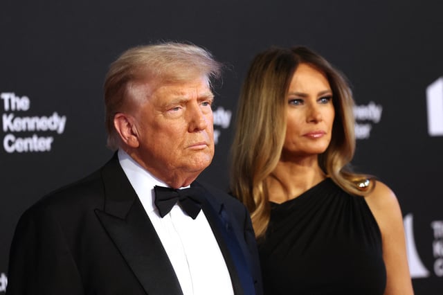 US President Donald Trump (L) and First Lady Melania Trump arrive to attend the opening night of &#34;Les Miserables&#34; at the Kennedy Center in Washington, DC, on June 11, 2025.