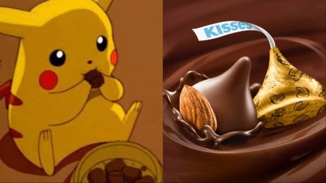 A screenshot featuring Pikachu eating a chocolate.