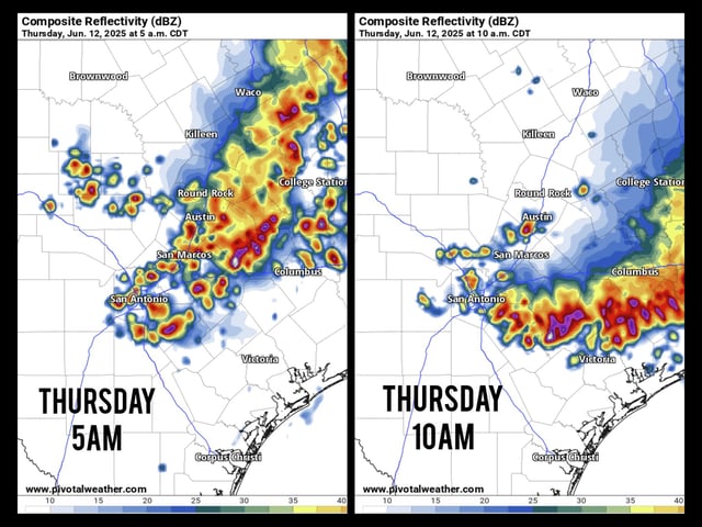 Future weather radar models show storms moving across Central and South Texas at 5 a.m., left, and heading toward the Gulf Coast at 10 a.m. Thursday.