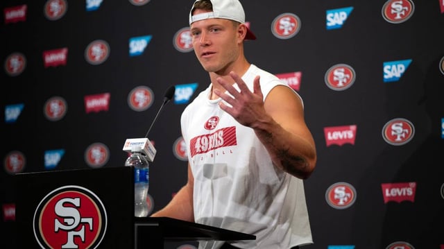 San Francisco 49ers running back Christian McCaffrey speaks to the media following a team OTA at Levi's Stadium.