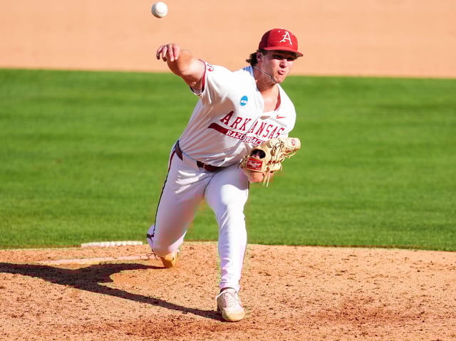 Arkansas pitcher Gabe Gaeckle (20) throws the ball during his team's super regional game against Tennessee at Baum-Walker Stadium on Saturday, June 7, 2025.