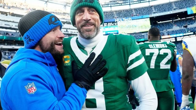 Syndication: The Record. Los Angles Rams Head Coach Sean. McVay is shown with New York Jets quarterback Aaron Rodgers (8) after the game, Sunday, December 22, 2024, in East Rutherford.