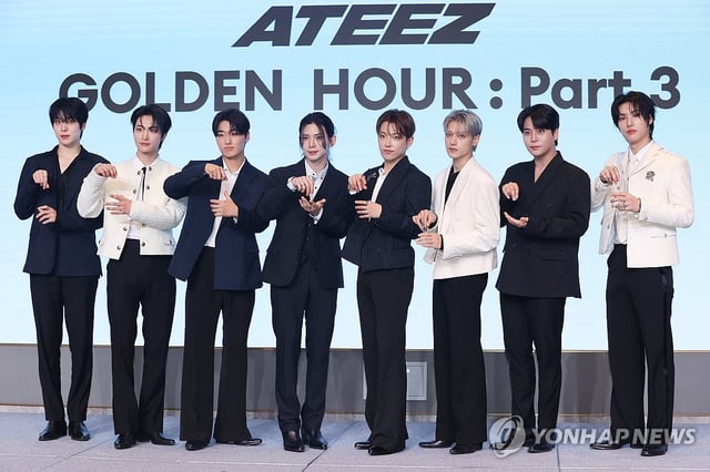 K-pop boy group Ateez poses for a photo during a press conference in Seoul to promote its 12th EP, "Golden Hour: Part. 3." (Yonhap)