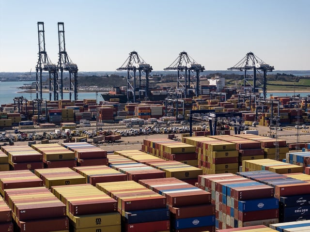 FELIXSTOWE, ENGLAND - APRIL 07: In this aerial view Containers sit on the tarmac at Felixstowe Port on April 07, 2025 in Felixstowe, England. In an op-ed over the weekend, British PM Keir Starmer wrote that his government would use industrial policy to mitigate the impact of the Trump Administration's tariffs, which include a baseline 10% levy on most all goods imported to the US and 25% on automobiles. (Photo by Dan Kitwood/Getty Images)
