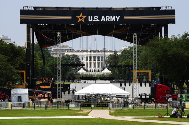 The White House is seen beyond a stage ahead of an upcoming military parade commemorating the Army's 250th anniversary and coinciding with Donald Trump's 79th birthday, Wednesday, June 11, 2025, in Washington (AP Photo/Julia Demaree Nikhinson)