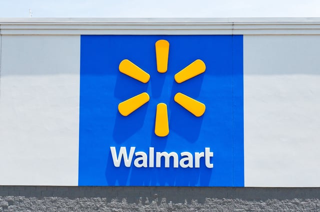 In an aerial view, the logo of a Walmart Supercenter is seen on May 15, 2025 in Austin, Texas. Walmart surpassed first-quarter earnings estimate, while falling short of quarterly sales.