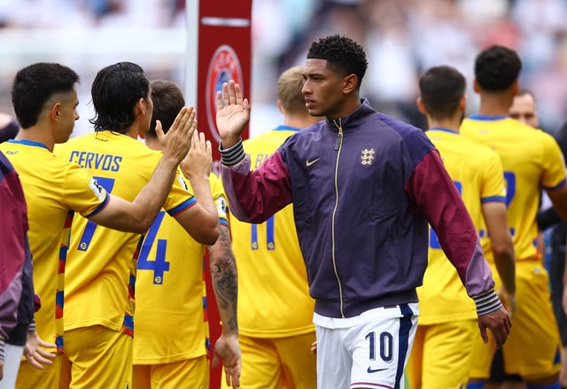 Soccer Football - World Cup - European Qualifiers - Group K - Andorra v England - RCDE Stadium, Cornella de Llobregat, Spain - June 7, 2025 England's Jude Bellingham shakes hands with the Andorra players before the match Action Images via Reuters/Albert Gea/File Photo