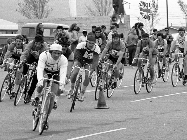 A photo of a bicycle race in the Market Mall parking lot, from June 12, 1971. The race would decide on a team for the Canadian championships in Ottawa a month later.