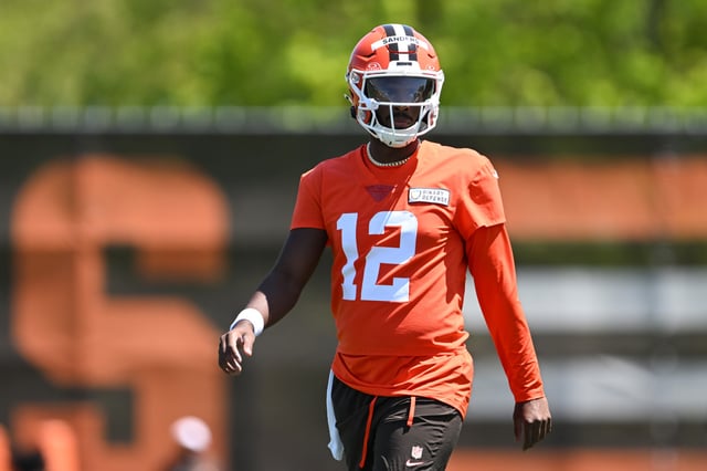Shedeur Sanders #12 of the Cleveland Browns looks on during rookie minicamp at CrossCountry Mortgage Campus on May 10, 2025 in Berea, Ohio.