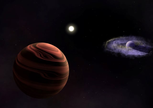 An artist's rendition of the sun-like star YSES-1 in the center, with the planet YSES-1 b and its dusty circumplanetary disk (right) and the planet YSES-1 c with silicate clouds in its atmosphere (left), is seen in this handout image obtained by Reuters on June 11, 2025. Ellis Bogat/Handout via REUTERS/Illustration    THIS IMAGE HAS BEEN SUPPLIED BY A THIRD PARTY. NO RESALES. NO ARCHIVES