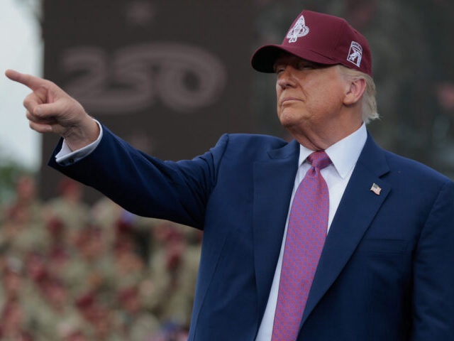 FORT BRAGG, NORTH CAROLINA - JUNE 10: U.S. President Donald Trump takes the stage during a rally with U.S. Army troops on June 10, 2025 at Fort Bragg, North Carolina. Trump is traveling to Fort Bragg Army base to observe a military demonstration and give remarks in honor of the U.S. Army’s 250th anniversary. (Photo by Anna Moneymaker/Getty Images)
