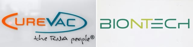 Logos des deux laboratoires allemands CureVac et  BioNTech