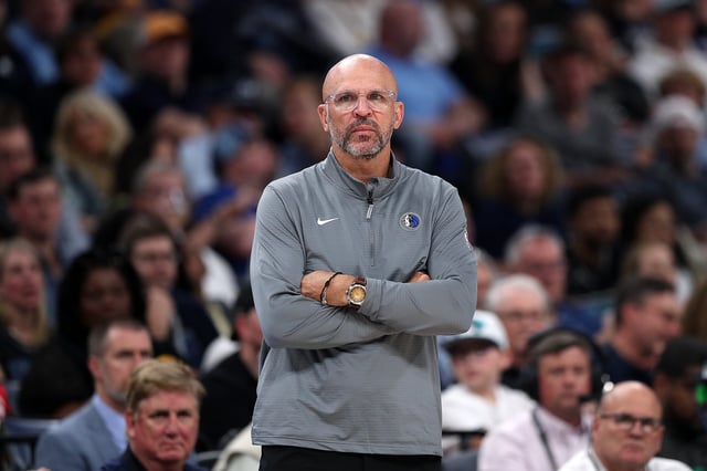 Head Coach Jason Kidd of the Dallas Mavericks reacts against the Memphis Grizzlies during the game of the Play-In Tournament at FedExForum on April 18, 2025 in Memphis, Tennessee.