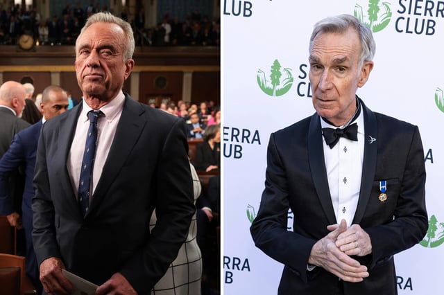 (R) U.S. Secretary of Health and Human Services Robert F. Kennedy Jr. attends President Donald Trump&#39;s address to a joint session of Congress at the U.S. Capitol on March 04, 2025 in Washington, D.C. (L) Bill Nye attends the arrivals of Sierra Club&#39;s 2025 Trail Blazers Ball at the Skirball Cultural Center in Los Angeles, CA on April 2, 2025
