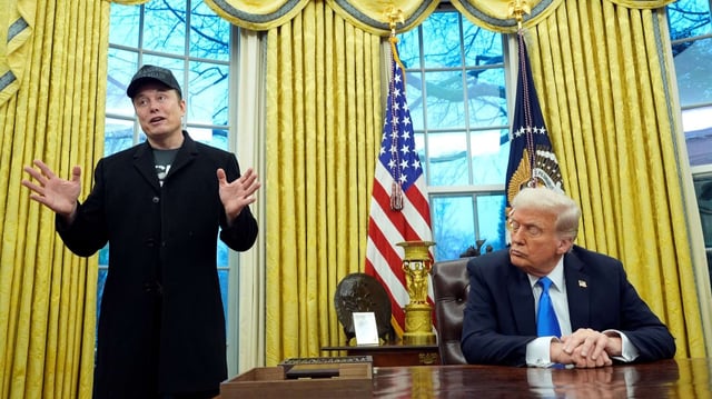 U.S. President Donald Trump listens as Elon Musk speaks in the Oval Office at the White House, in Washington, Feb. 11, 2025 (AP photo by Alex Brandon).