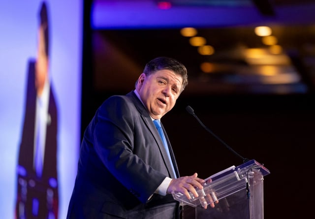 Gov. JB Pritzker speaks, June 3, 2025, during the Chicagoland Chamber of Commerce annual meeting at the Hyatt Regency. (Brian Cassella/Chicago Tribune)