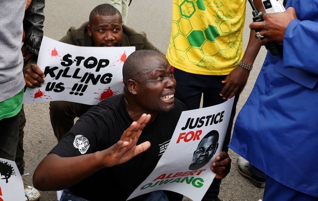 People react during a protest following Albert Ojwang's death in police custody at the Central Police Station, in Nairobi, Kenya, on June 9, 2025.