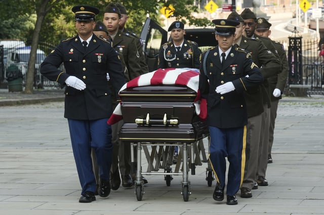 The casket of former Rep. Charles Rangel, D-N.Y., arrives at New York's City Hall, Wednesday, June 11, 2025. (AP Photo/Richard Drew)