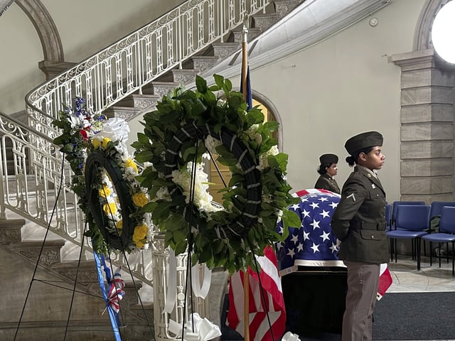The casket of former Rep. Charles Rangel, D-N.Y., lies in state in the rotunda of New York's City Hall, Wednesday, June 11, 2025. (AP Photo/Richard Drew)