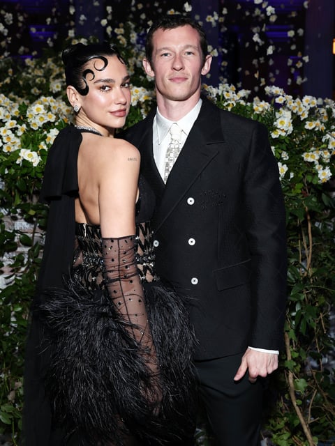 (L-R) Dua Lipa and Callum Turner attend the 2025 Met Gala Celebrating "Superfine: Tailoring Black Style" at Metropolitan Museum of Art on May 05, 2025 in New York.