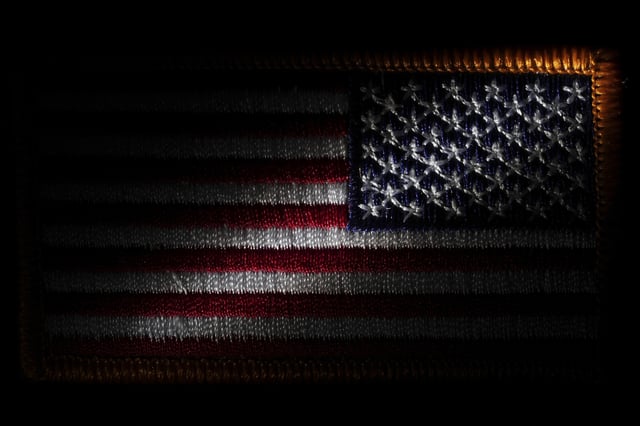 A morale patch embroidered with the United States flag is seen, Friday, June 6, 2025, in Marple Township, Pa. (AP Photo/Matt Slocum)