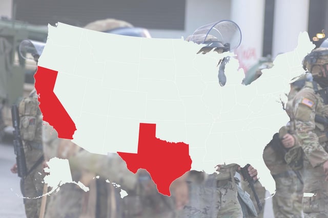 Background: California National Guard positioned at the Federal Building as protests continue in Los Angeles on June 11, 2025. 
Foreground: Map of states with National Guard deployments