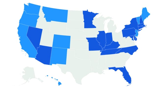 A map showing the assisted dying legislation in US states.
