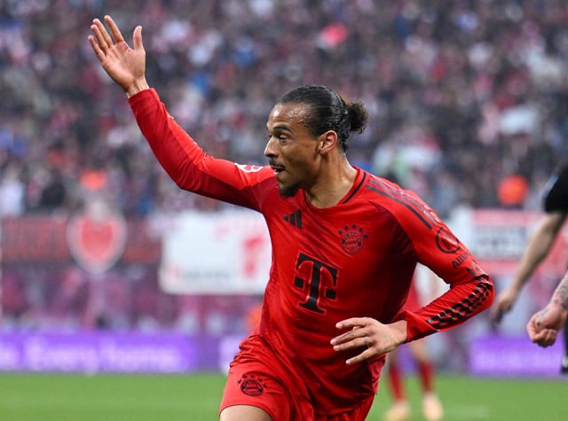 Soccer Football - Bundesliga - RB Leipzig v Bayern Munich - Red Bull Arena, Leipzig, Germany - May 3, 2025 Bayern Munich's Leroy Sane celebrates scoring their third goal REUTERS/Annegret Hilse DFL REGULATIONS PROHIBIT ANY USE OF PHOTOGRAPHS AS IMAGE SEQUENCES AND/OR QUASI-VIDEO./File Photo