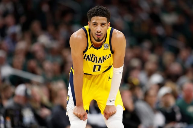 Tyrese Haliburton of the Indiana Pacers pauses in a moment against the Milwaukee Bucks during game three of the first round of the 2025 NBA playoffs at Fiserv Forum on April 25, 2025 in Milwaukee, Wisconsin.