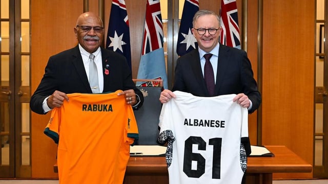 Anthony Albanese will meet with Fijian leader Sitiveni Rabuka on his way to North America. (Lukas Coch/AAP PHOTOS)