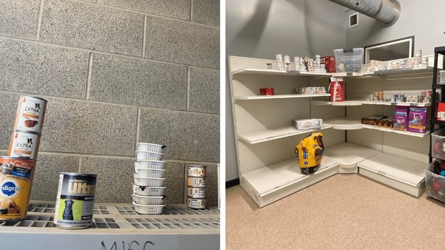 Nearly empty pet food bank shelves are pictured at the BC SPCA centre in Victoria (right) and Burnaby (left). (BC SPCA)